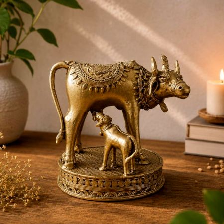 Handcrafted Brass Dhokra Cow and Calf Figurine